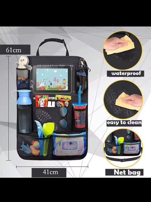 Car seat back organizer, 9 storage pockets with touchscreen tablet holder, protector for children, car accessories, 1 piece.